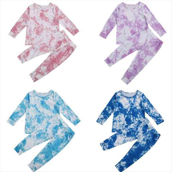 

kids girl tie dye spring autumn clothes set shirt jogger pants suit round neck long sleeve dye fall trousers 1-6years, White