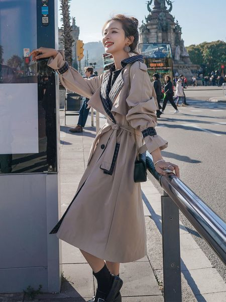 

women's khaki contrasting style trench coat double breasted women windbreaker with belt autumn casual loose coats, Tan;black