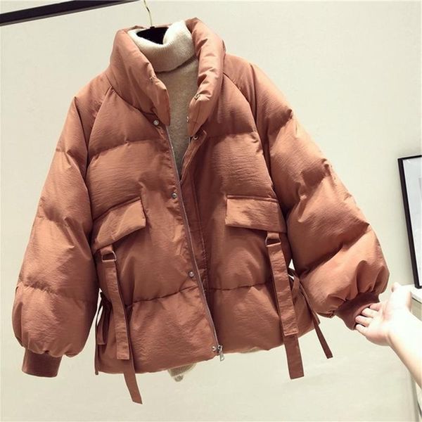 

lucyever korean style winter parkas womens solid color stand collar coats and jackets woman casual lace up winter clothes women, Black;brown