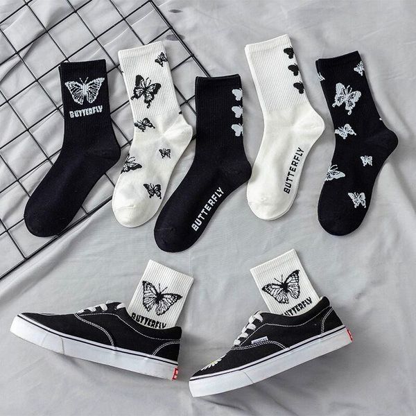

1 pair women socks butterfly funny socks skateboard streetwear harajuku crew fashion breathable black white cotton sock