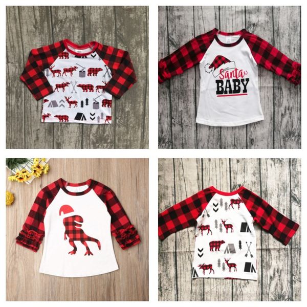 

children christmas clothing kids t-shirt pullover ins baby girls plaid long sleeve t shirt xmas red grid dinosaur print tshirt e102906, Blue