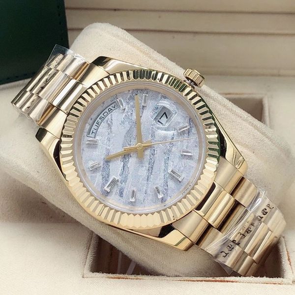 

mechanical 41mm men's automatic watch mens day-date meteorite face men folding buckle sport waterproof wristwatch, Slivery;golden