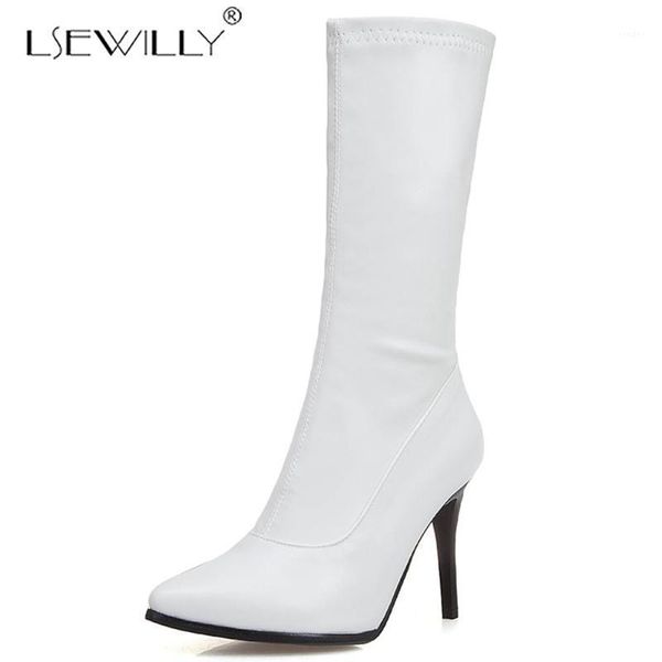 

lsewilly winter women shoes leopard flock pu leather zipper boots pointed toe thin high heel mid calf boots size 32-50 k701, Black