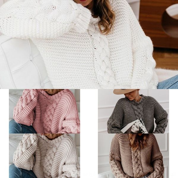 

esrjw осень зима сплошной цвет женщина свободный поворот свитер случайный трикотаж v-образным вырезом осень зима сплошной цвет пуловер cas т, White;black