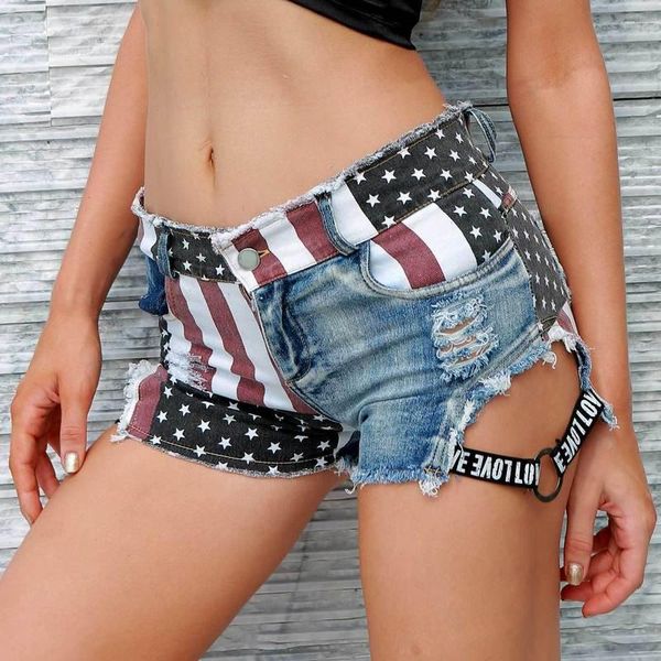

2020 summer women jean shorts pants nightclub women flag high waist hole denim shorts distressed jeans a129, Blue