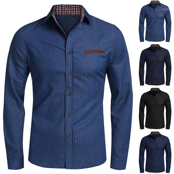 

men's casual fashion slim lapel long-sleeved denim solid color shirt1, White;black