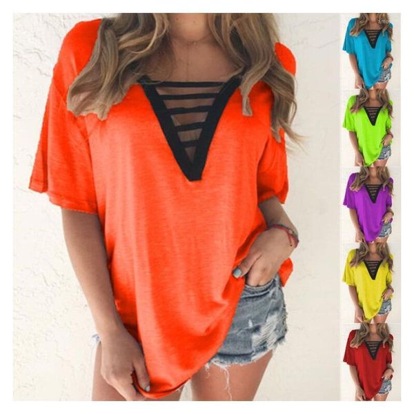 

women's t-shirt women's summer loose v-neck hollow solid color short sleeve casual travel shirt pullover tunic1, White