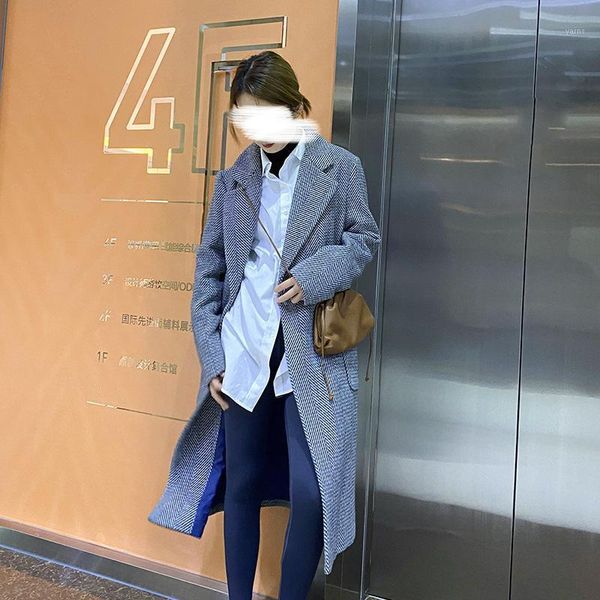 

han edition of 2020 female grey herringbone single-breasted long sleeve coat coat lapel in the long1, Black
