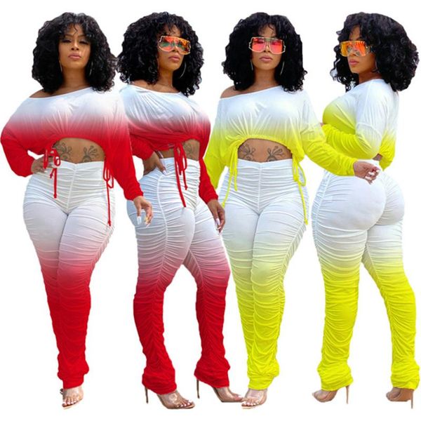 

rstylish casual 2 pieces set women print draped full sleeve skinny pants autumn winter clothing clubwear outfits suits, Gray