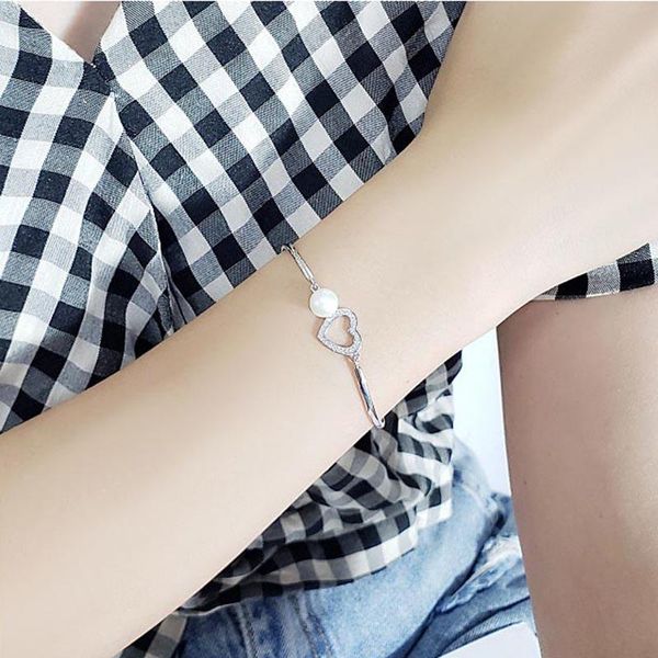

meibapj 100% real 925 sterling silver natural freshwater pearl love heart bracelet for women fashion charm wedding jewelry, Black