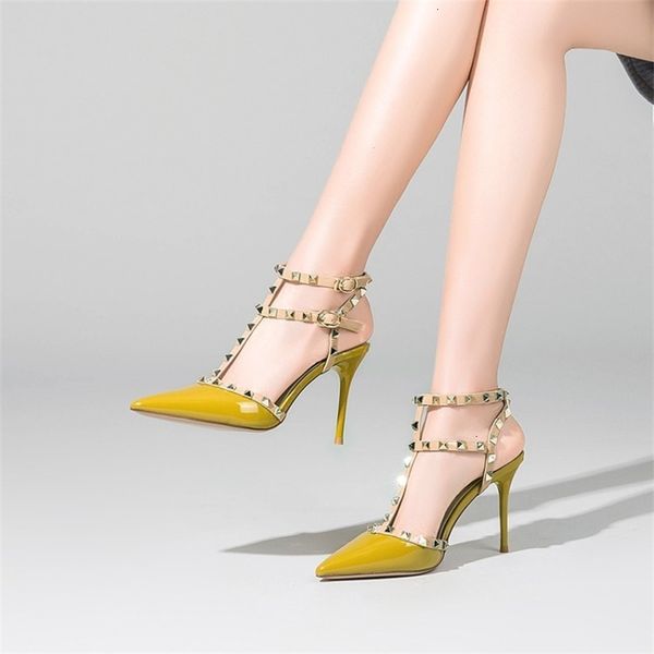 

red slim heel pointed rivet sandals summer super high heels calf buckle leather women, Black