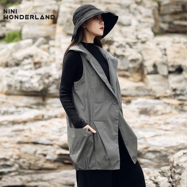 

nini wonderland 2019 autumn fashion hooded vest coats women sleeveless casual outerwear female spring solid vintage coat pockets1, Black;white