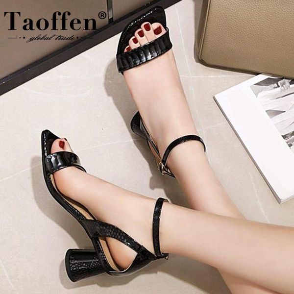 

taoffen summer women shoes thick high heel sandals snakeskin pattern patent leather shoes crystal buckle lady size 31-46, Black