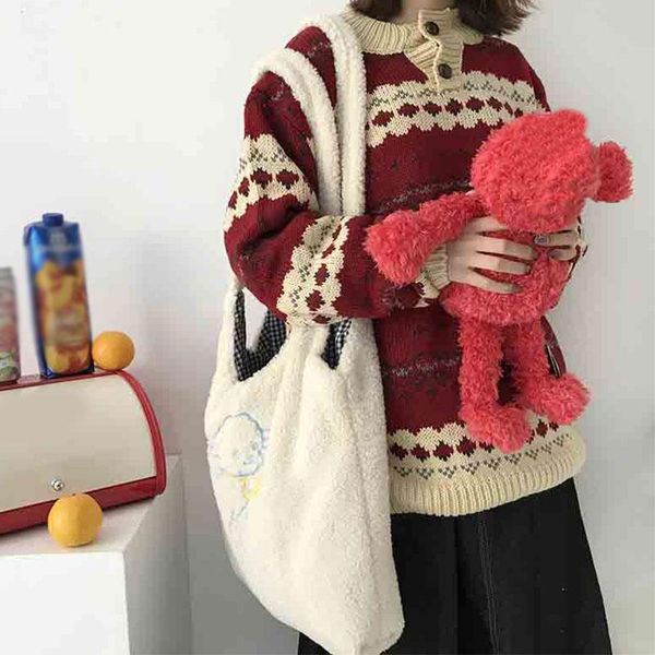 

women cute handbag lamb shoulder bag simple hairy embroidery book bag girls large capacity shopping bags lady tote bags