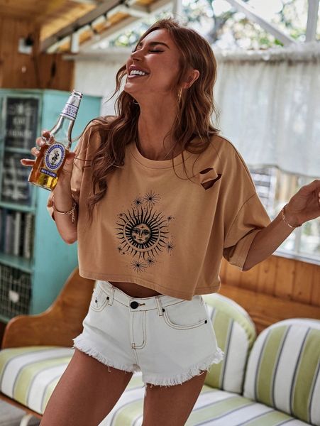 

drop shoulder ripped graphic print tee u54t#, White