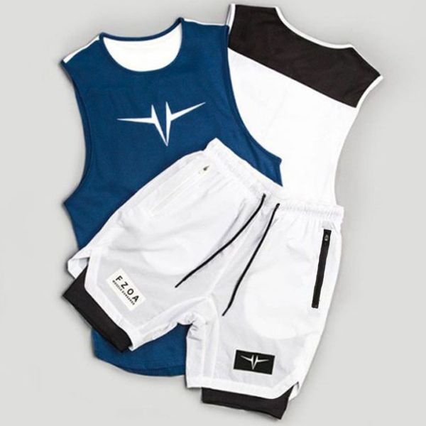 

summer fitness men's running casual vest double shorts two piece quick drying training slim fit sports suit, Gray