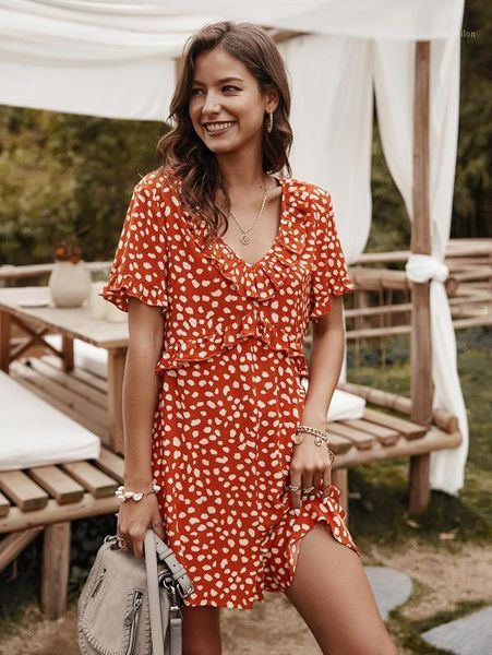 

casual dresses 2021 ruffles summer dress women butterfly sleeve v neck polka dot print above knee vintage beach boho mini dresses1, Black;gray