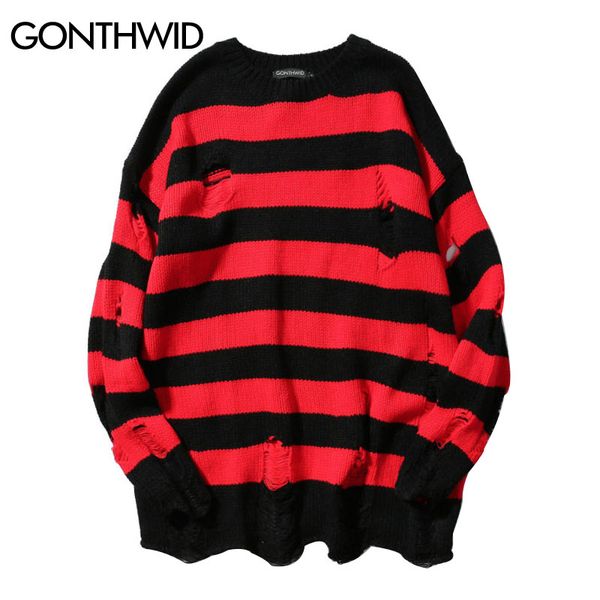 

ripped stripe knit sweaters men hip hop hole casual pullover sweater male fashion loose long sleeve sweaters red black, White;black