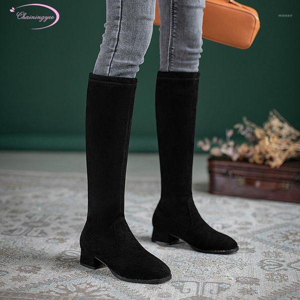 

casual style round toe flock knee-length boots fashion slip-on elastic black medium heel thick riding boots women's shoes1