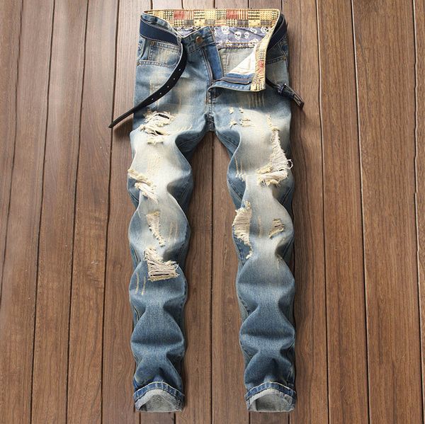 

mens ripped jeans european and american style new youth retro old light-colored frayed pants straight trousers, Blue