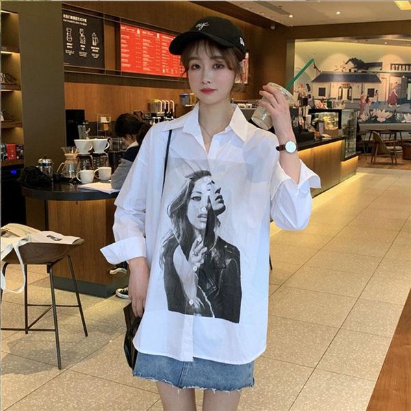 

women's blouses & shirts plus size long sleeve turn-down 2021 spring women bf style loose character printing, White