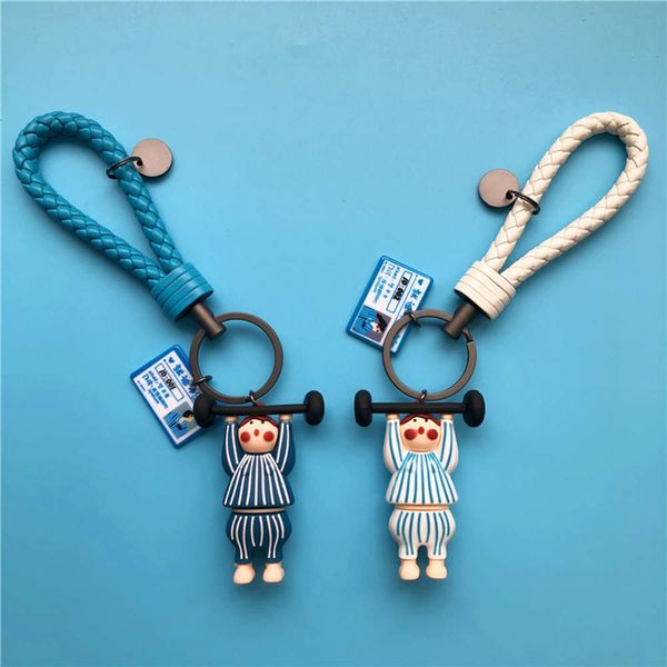 

creative weightlifting lovers net red cute ins cartoon funny car keychain ring men and women pendant, Silver