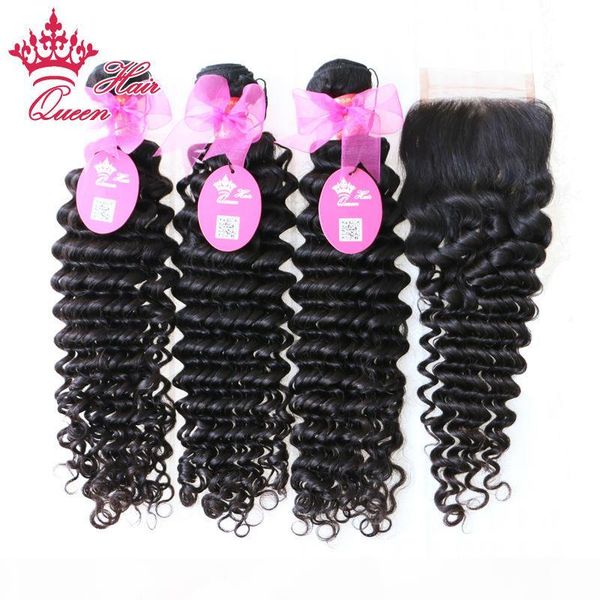 

queen hair products brazilian deep wave 1pc lace closure with 3pcs bundle,4pcs lot brazilian virgin human hair weave extensions 10"-28, Black