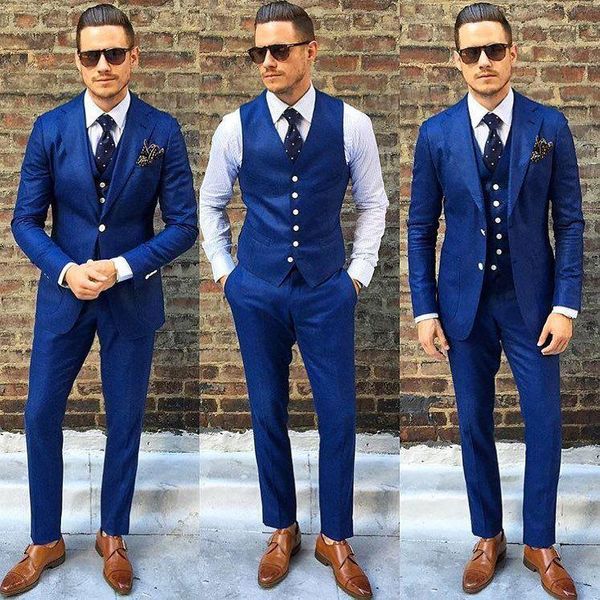 Real dos homens azuis terno para o casamento de três peças baratas Noivo Smoking Slim Fit Custom Made ternos festa formal (jaqueta + calça + Vest)