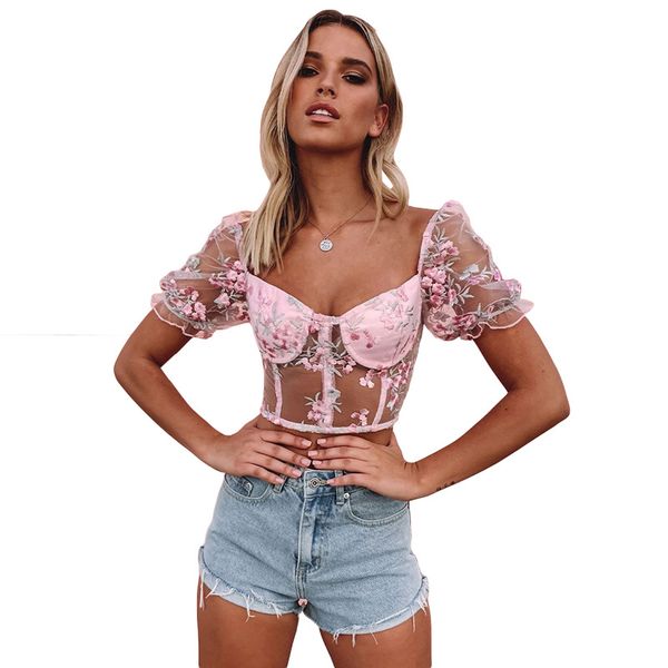 

women mesh flower embroidery t-shirts summer casual short sleeve square collar slim tees lady harajuku 2021 new, White