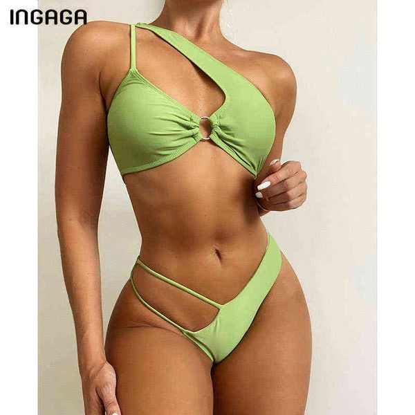

swimsuit ingaga one shoulder bikini swimsuit solid swimwear women cut out bathing suit ring linked beachwear brazilian biquini, White;black