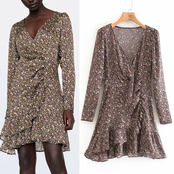 

2021 new printed draped mini women vintage v neck long sleeve wrap ruffle dress woman fashion button elegant ladies dresses rj8w, Black;gray
