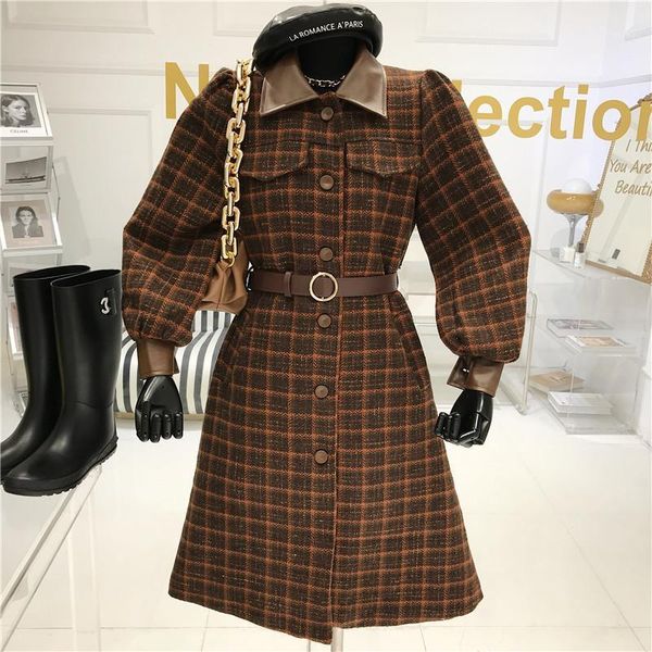 

niche design woolen coat woman autumn/winter 2020 new thick loose thin retro plaid mid long tooling wind coat fashion1, Black