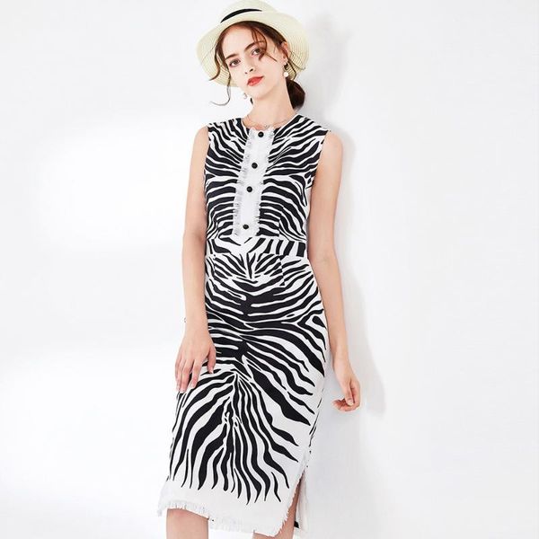 

red roosarosee designer spring summer 2020 women dress fashion sleeveless button print tassel knee-length dresses vestidos robe1, Black;gray