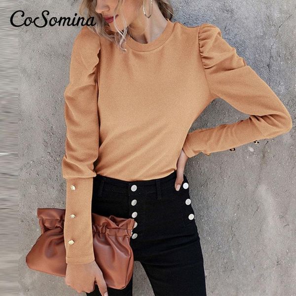 

cosomina pullover knitted long puff sleeve o neck elegant sweater women 2020 ladies black basic skinny sweater vintage1, White;black