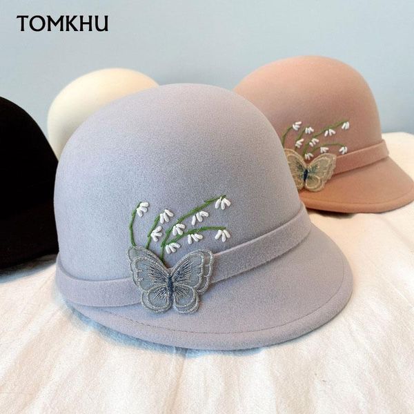 

stingy brim hats 2021 autumn winter wool for women embroidery butterfly lace decorated fedora equestrian cap female harajuku visors, Blue;gray