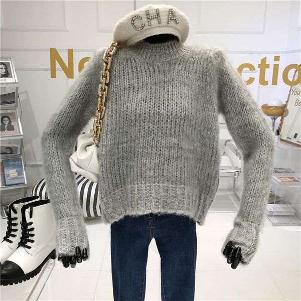 

2020 winter new korean fashion round neck mohair sweater pullover lazy temperament long sleeve sweater women, White;black