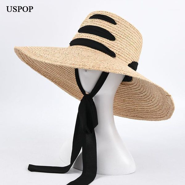 

wide brim hats uspop women summer straw sun lace-up raffia large beach1, Blue;gray