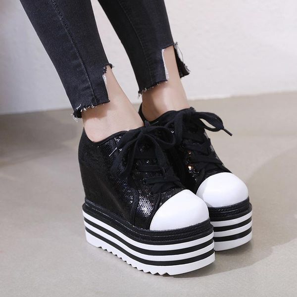 

2021 new woman spring wedge boots pu leather harajuku shoes colorful bling winter ankle boots 14cm high-heeled platform sneakers1, Black
