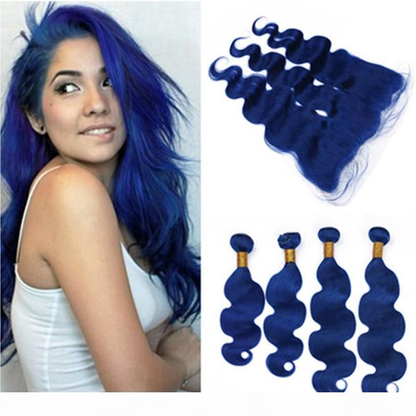 

dark blue body wave brazilian virgin hair 4bundles and frontal 5pcs lot pure blue body wavy human hair weaves with 13x4 lace frontal, Black;brown