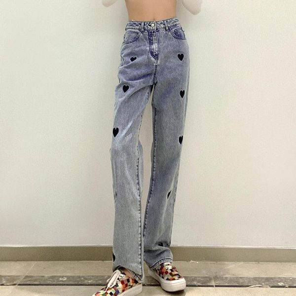 

love printed jeans women retro harajuku loose high waist washed blue straight pants pantalones de mujer cintura alta1