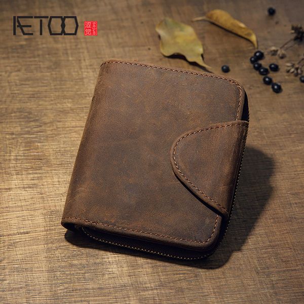 

hbp aetoo crazy horse leather wallet, men's short leather zipper wallet, cowhide personalized coin purse, Red;black