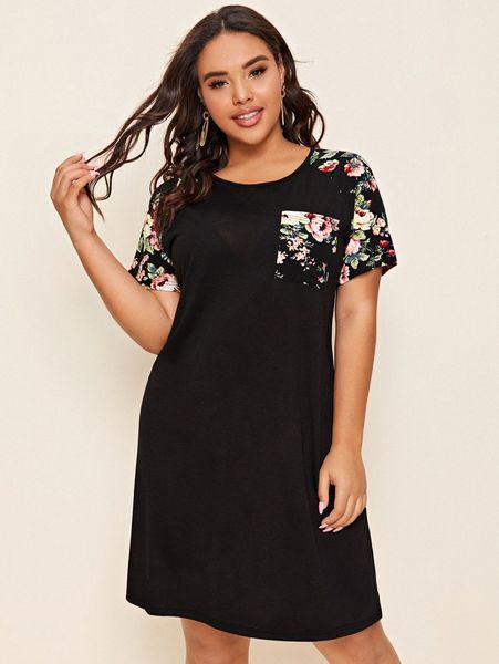 

plus pocket front floral raglan sleeve dress m0gq#, Black