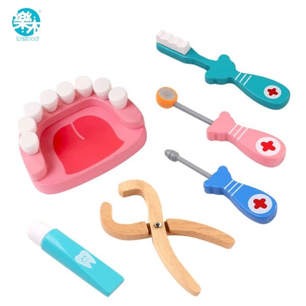 

logwood wooden toys funny play real life cosplay doctor game toy dental pretend doctor accessories tools 6pcs set for children y200428