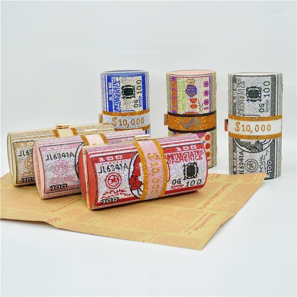 

luxury roll dollars money bag clutch evening bag round purse crystals bling shoulder chain purses and handbags for women1
