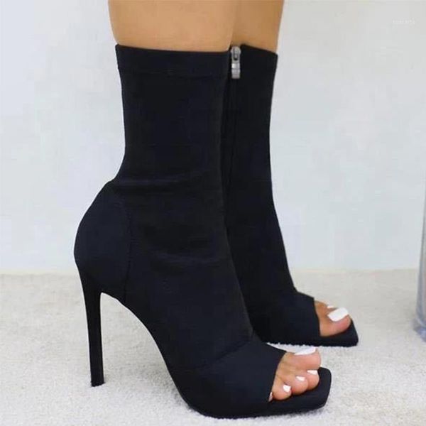 

autumn women stretch fabric short boots ladies short boots super high thin heels shoe 2021 fashion side zipper open toe new1, Black