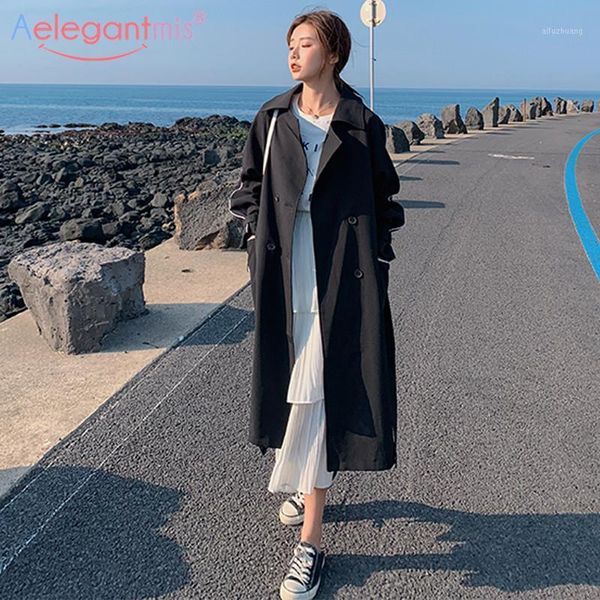 

aelegantmis casual women long trench coat with belt office lady coats black spring autumn chic double breasted outwear female1, Tan;black