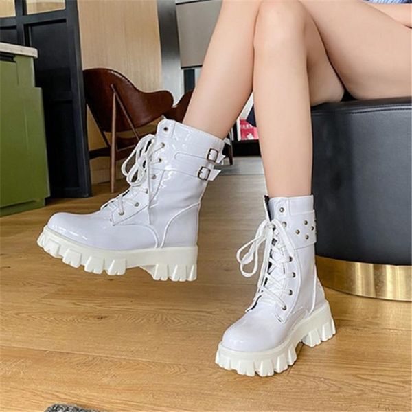 

pxelena plus size 34-43 women punk rock gothic combat ankle boots buckle patent leather chunky block high heels platform shoes, Black