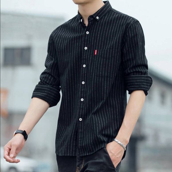 

2021 autumn and winter long sve shirt men's casual korean drs stripe men's shirt plush optional fashion, White;black