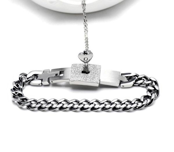 

titanium puzzle couple heart lock key couple bracelet necklace lover jewelry set11, Silver