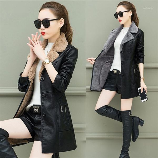 

fashion faux leather jackets women elegant leather long coat autumn and winter warm korean plus velvet black coat1